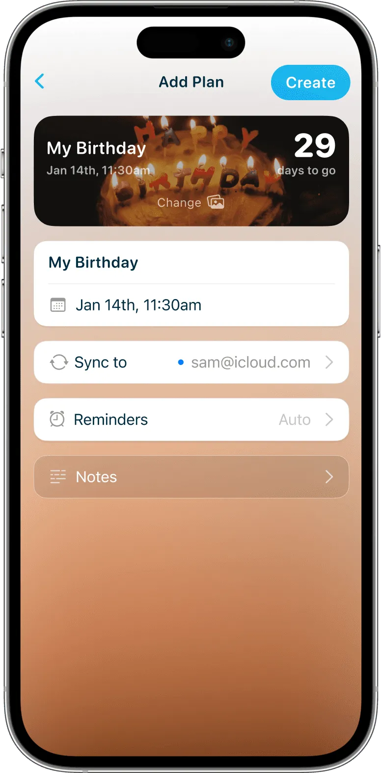Birthday countdown create screen