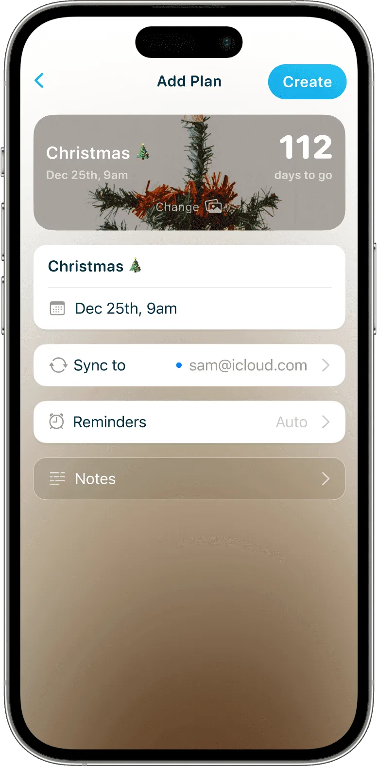 iPhone showing a create screen for a Christmas Eve countdown