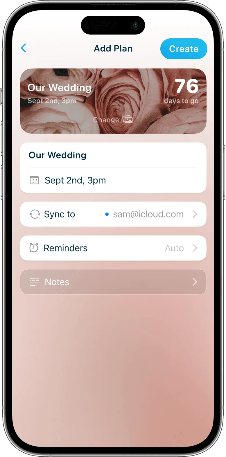 iPhone showing a create screen for a Baby countdown