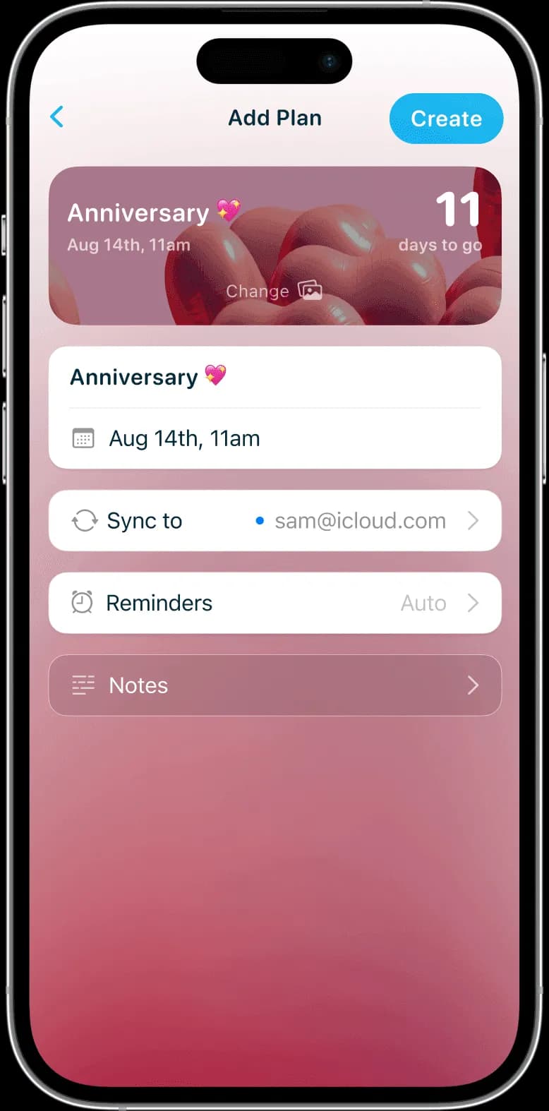 iPhone showing a create screen for a Anniversary countdown