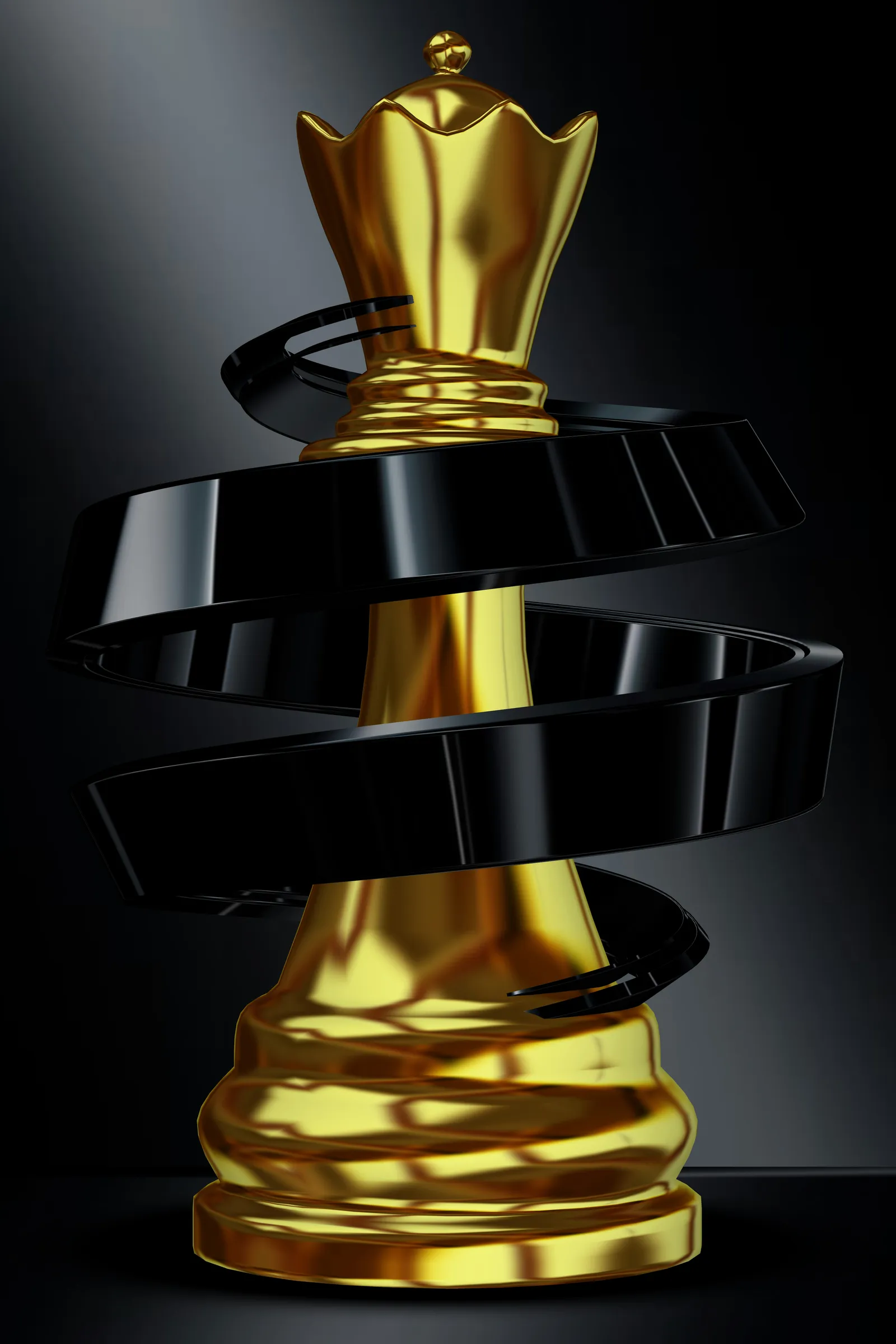 A golden queen chess piece with black swirl.